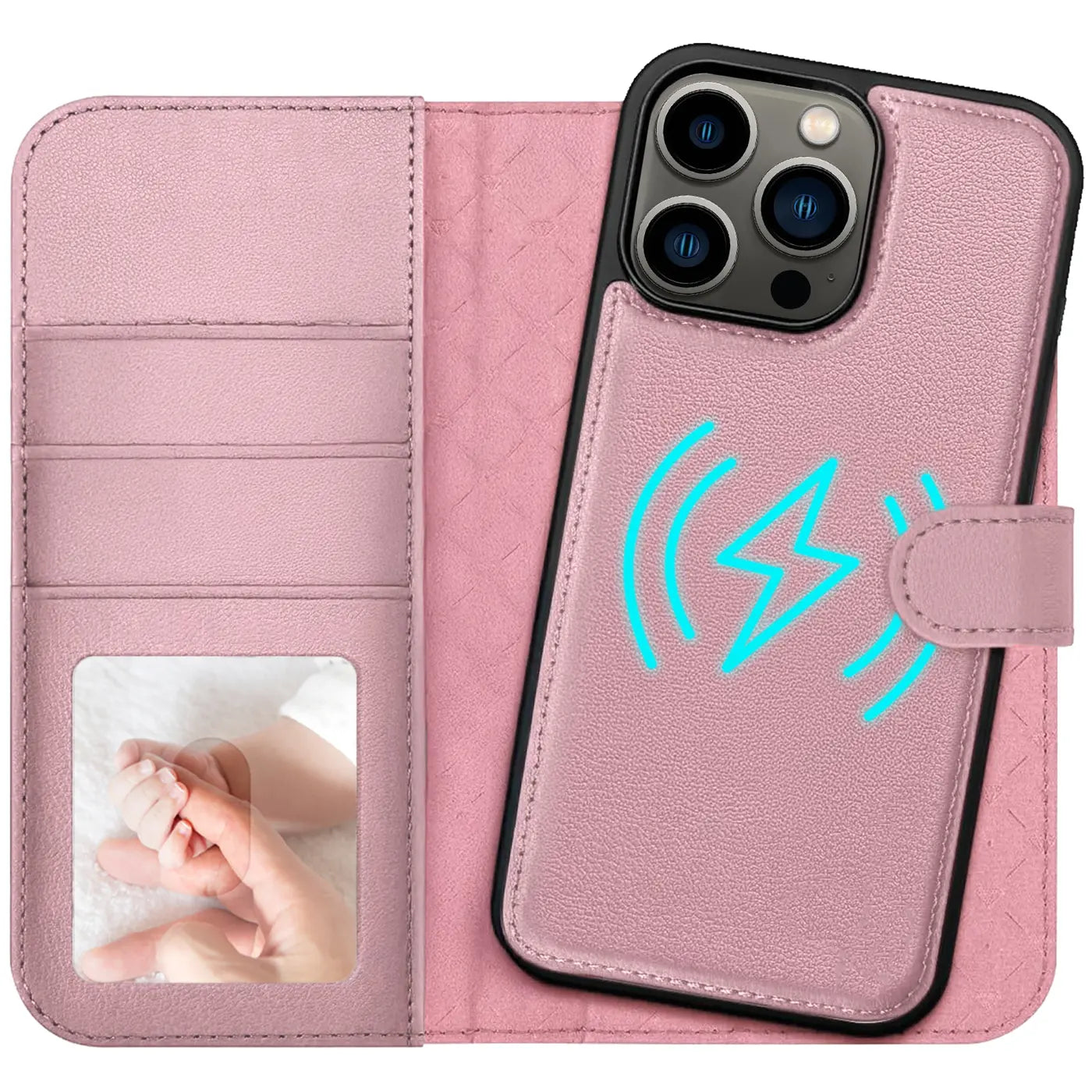 Rosa Leder-Klapphülle mit Kartenfach, MagSafe-Symbol, iPhone 13 Pro.