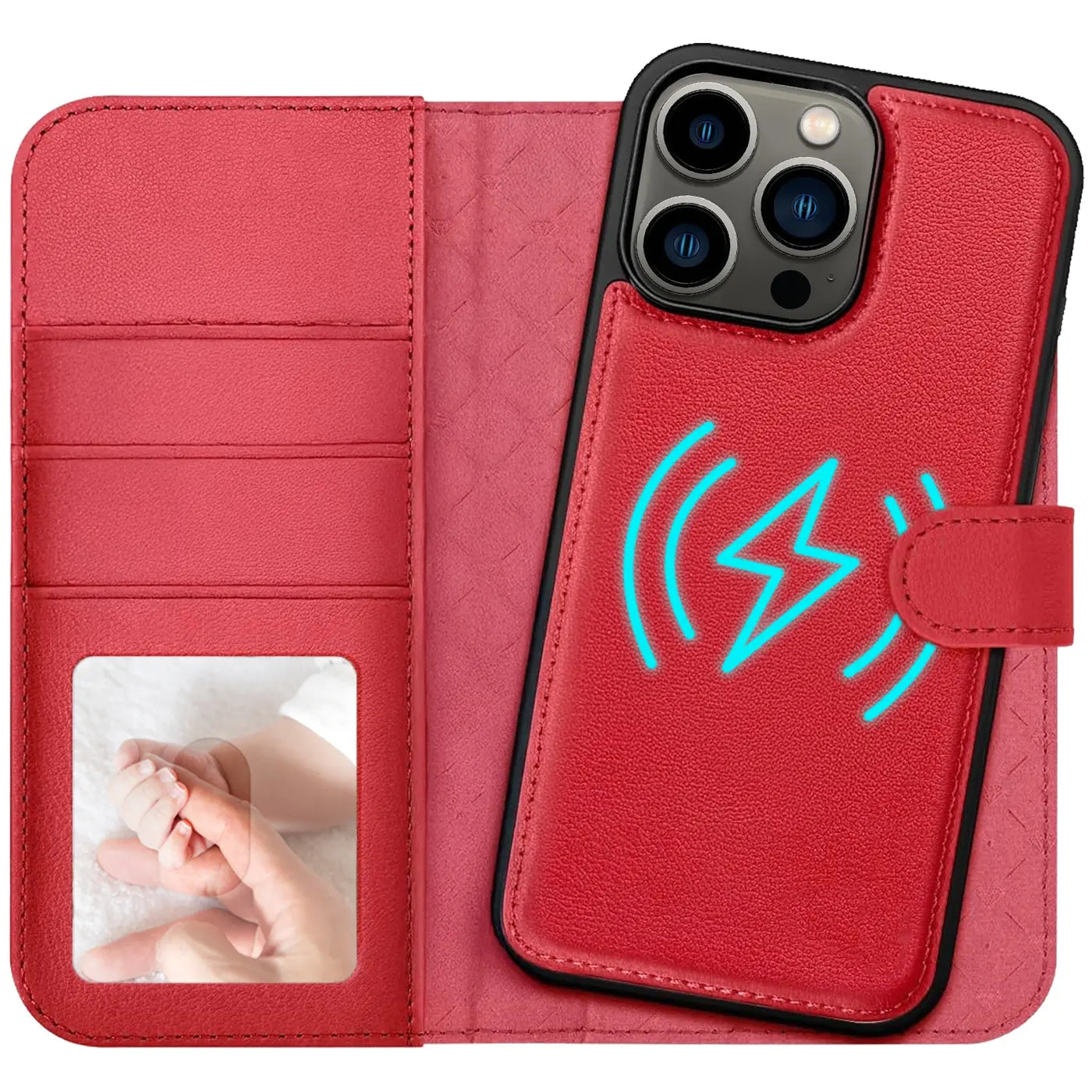 Rote Leder-Klapphülle mit Kartenfächern und MagSafe-Symbol für iPhone 13 Pro.