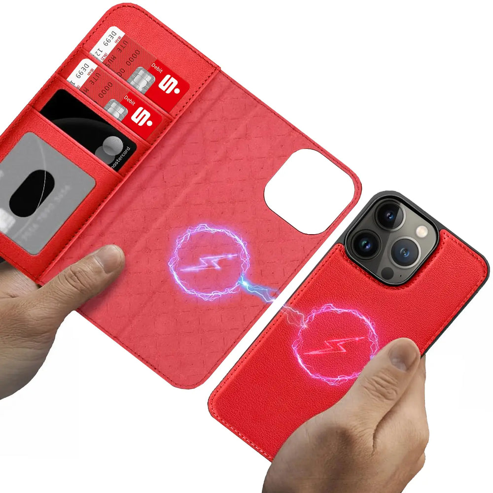 Magnetische 2-in-1 Klapphülle für iPhone 13 Pro in Rot mit herausnehmbarer Hülle und Kartenfächern