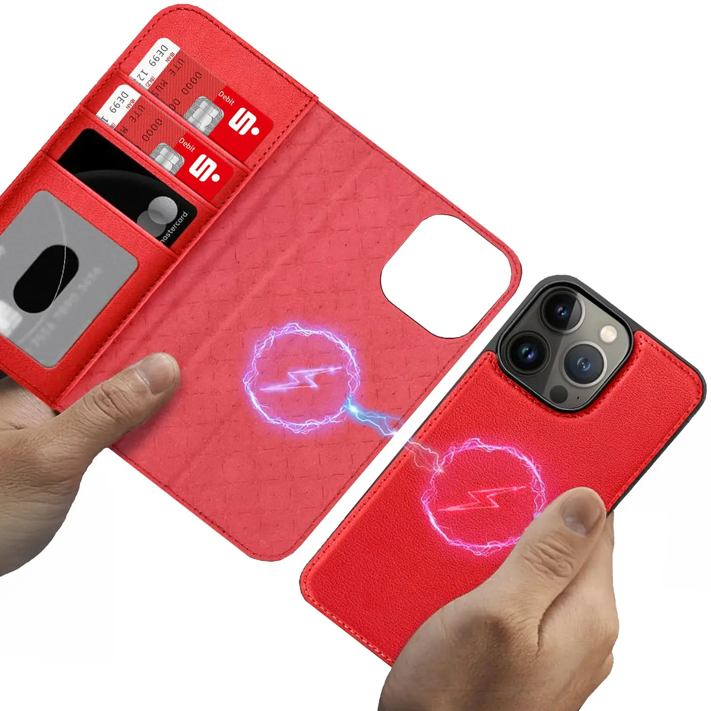 Rote Kunstleder-Klapphülle mit Kartenfach für iPhone 13 Pro, von vorne gezeigt.