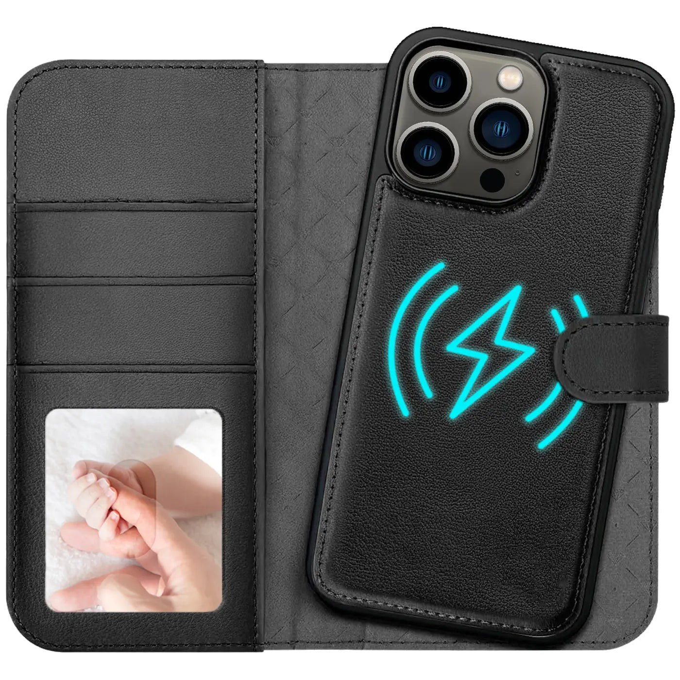 Schwarze Leder-Klapphülle mit Kartenfach und MagSafe-Symbol auf iPhone 13 Pro.