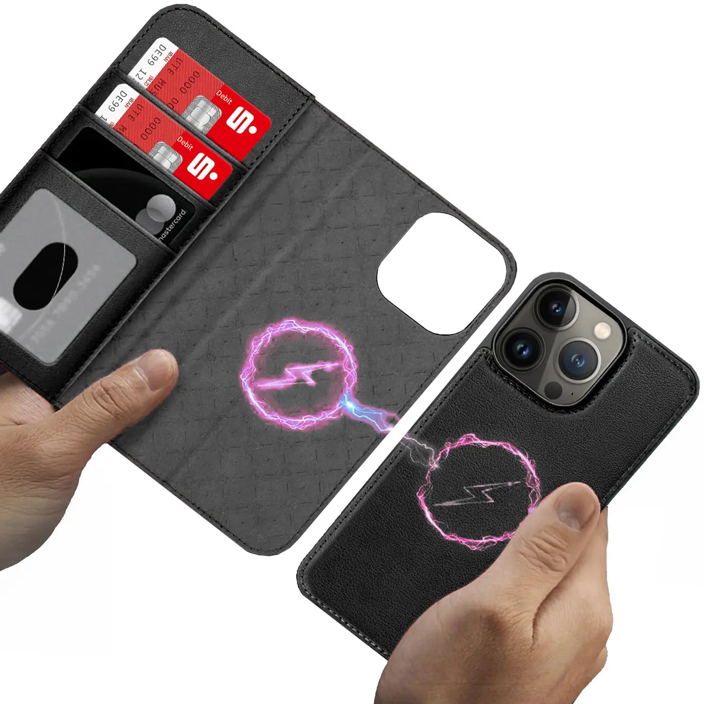 Schwarze Leder-Klapphülle mit Kartenfach für iPhone 13 Pro, MagSafe, von vorne