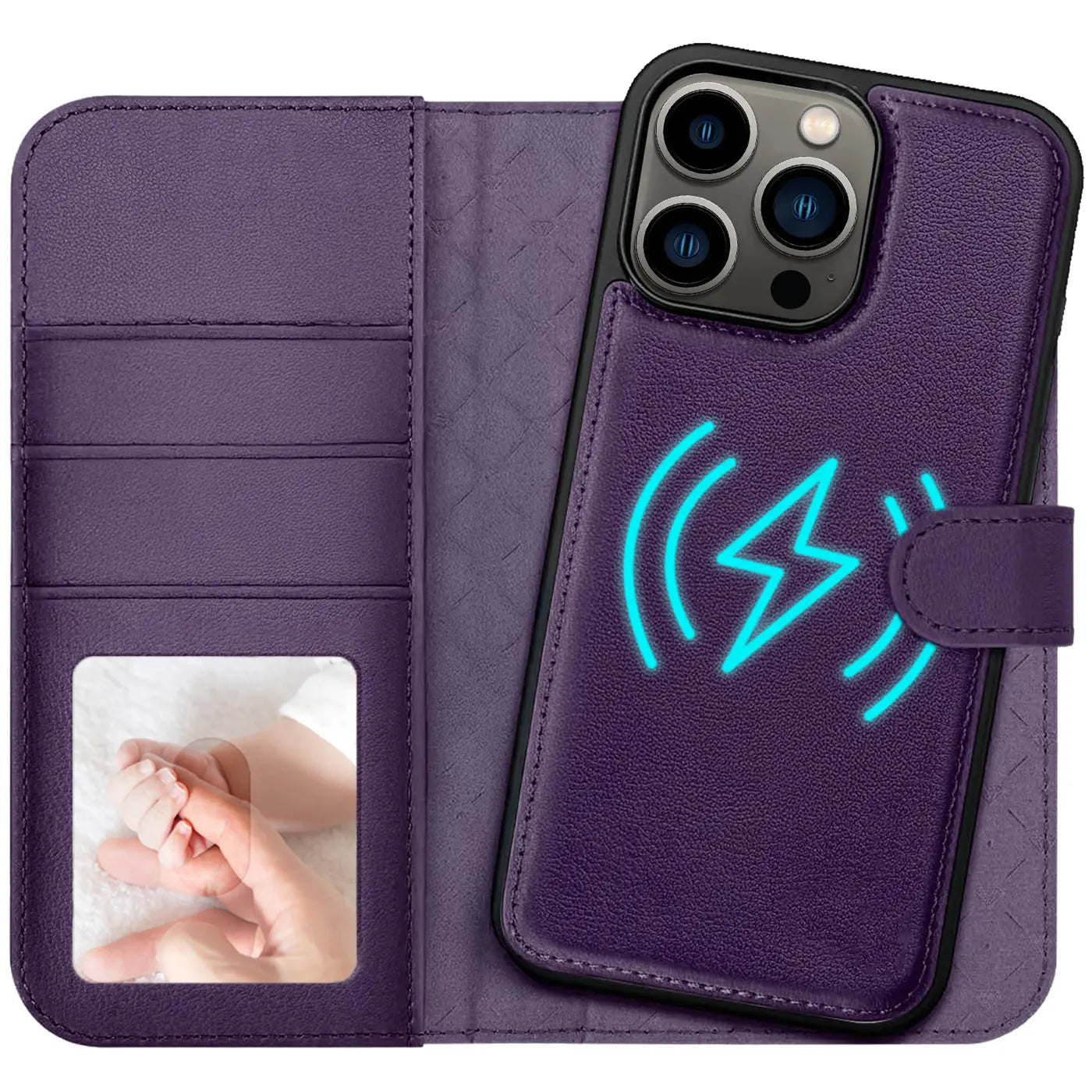Lila Leder-Klapphülle mit Kartenfach und MagSafe-Symbol auf iPhone 13 Pro.