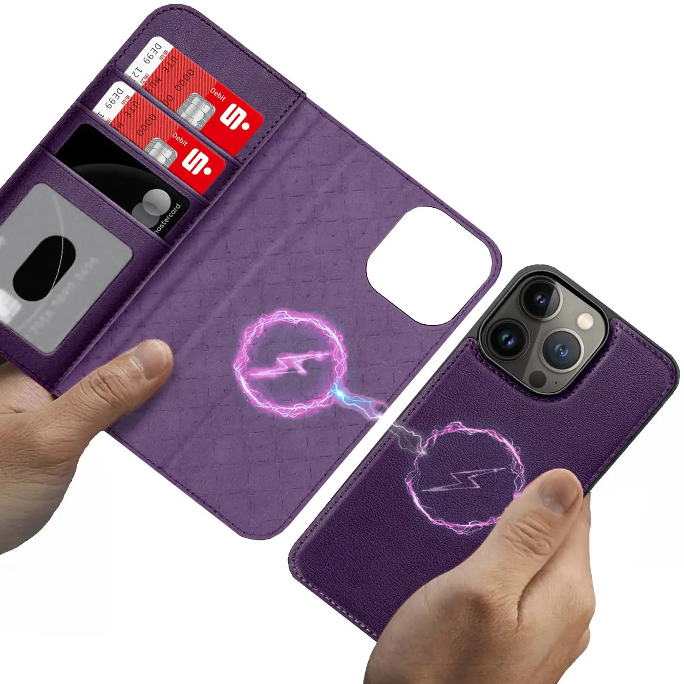 Lila Leder-Klapphülle mit Kartenfach und MagSafe-Symbol auf iPhone 13 Pro.