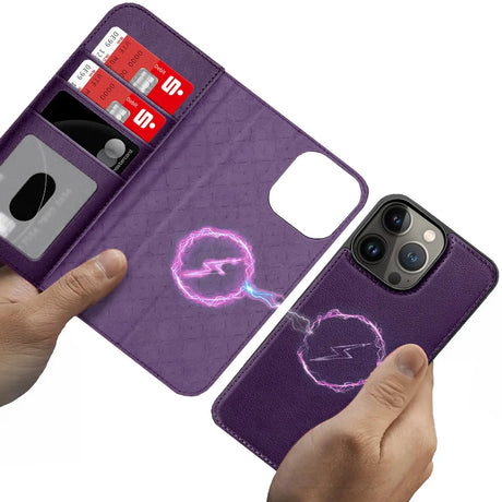 Magnetische 2-in-1 Klapphülle für iPhone 13 Pro in Violett mit herausnehmbarer Hülle und Kartenfächern