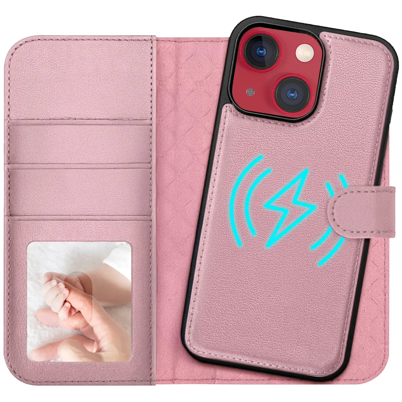 Rosa Kunstleder-Klapphülle mit Kartenfächern, zeigt iPhone 13 mit Ladesymbol.