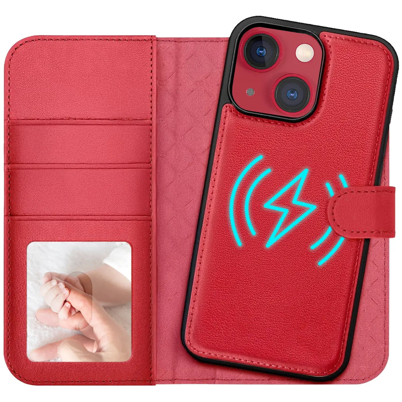 Rote Leder-Klapphülle mit Kartenfächern und MagSafe-Symbol auf iPhone 13.