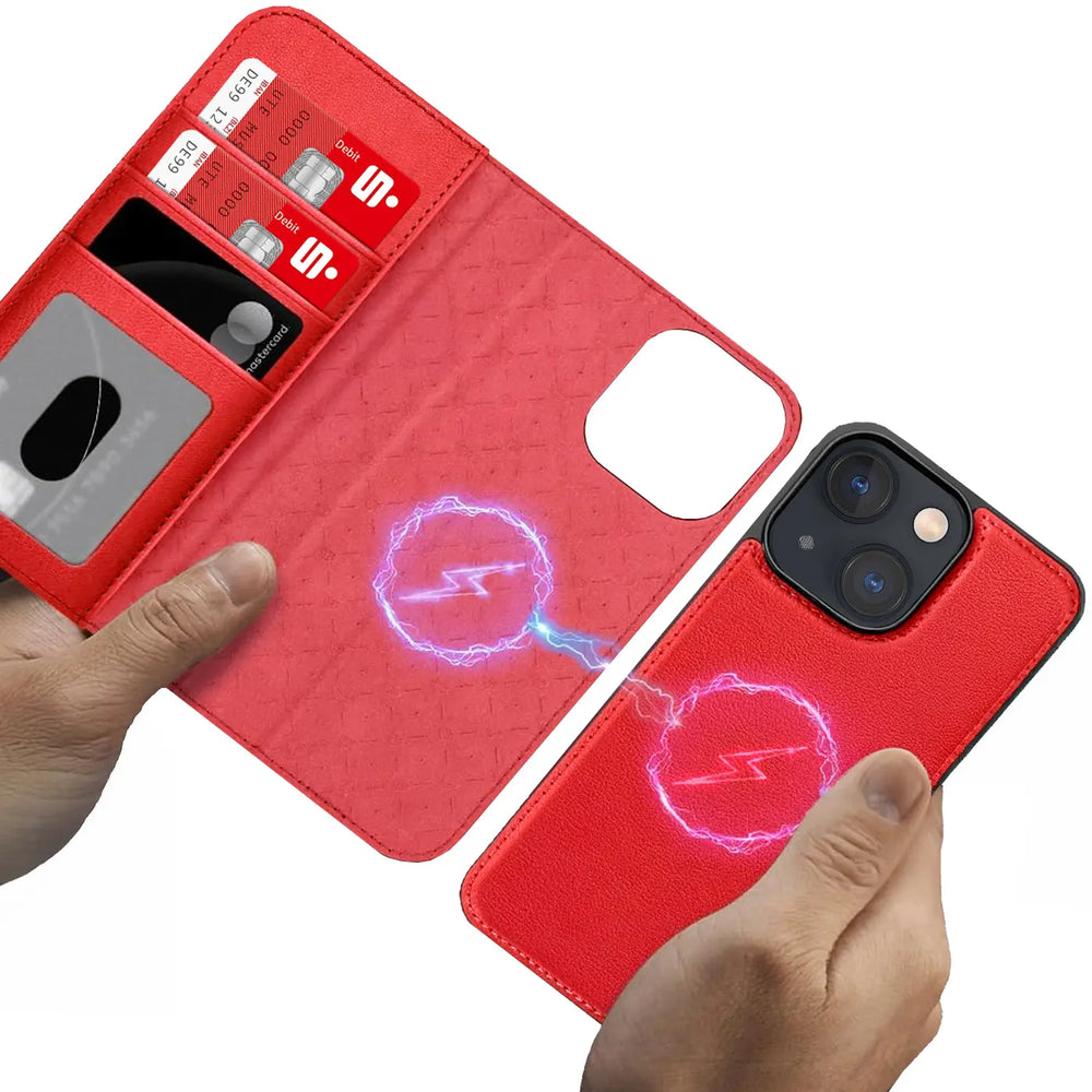 Magnetische 2-in-1 Klapphülle für iPhone 13 in Rot mit herausnehmbarer Hülle und Kartenfächern