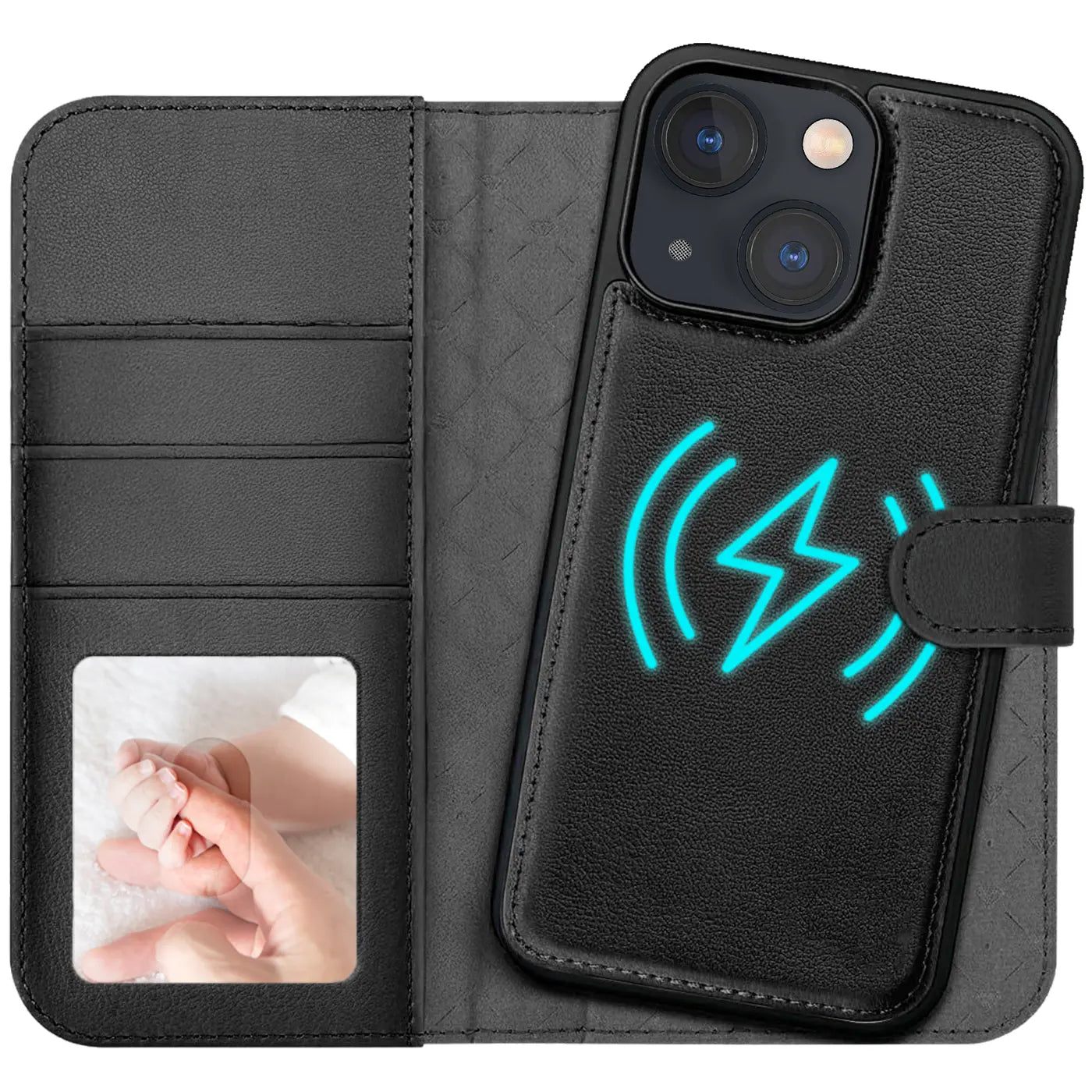 Schwarzes Leder-Klappcover mit Kartenfächern und iPhone 13. Blaue Ladeanzeige.