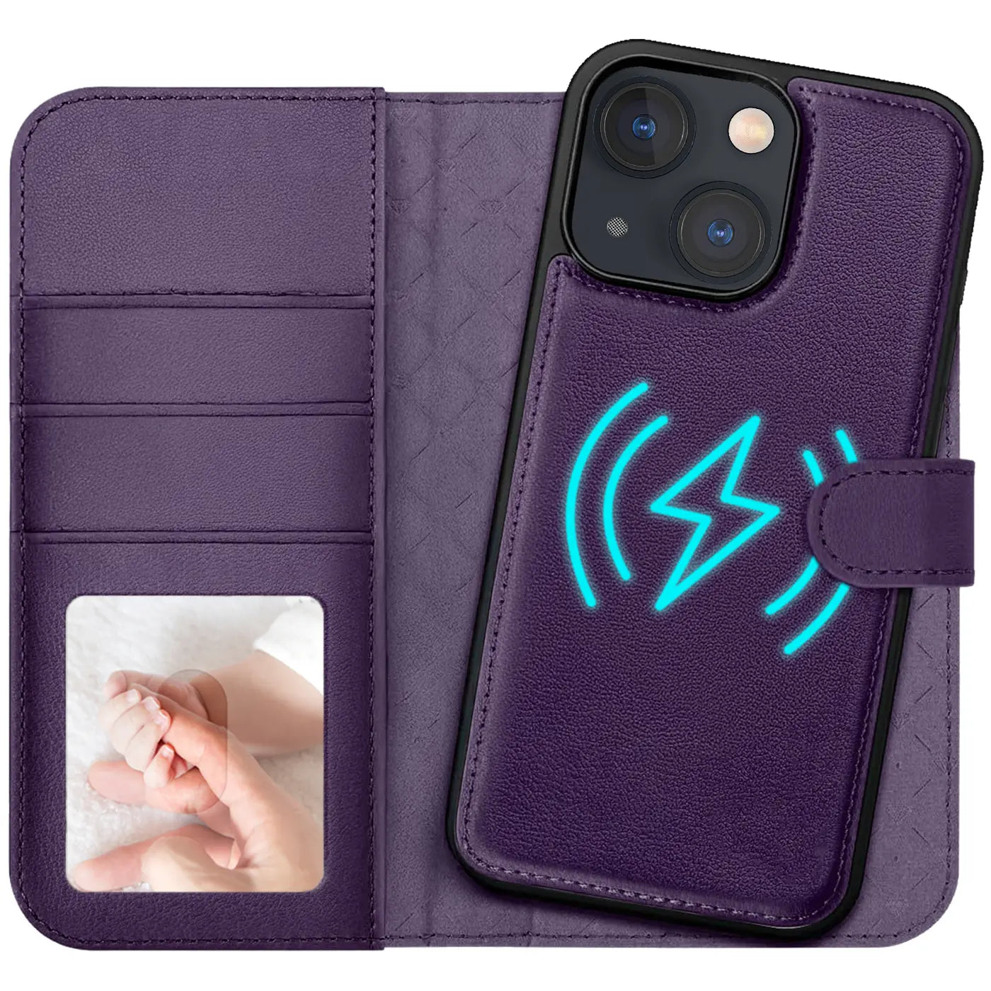 Lila Leder-Klapphülle mit Kartenfach, iPhone 13 mit MagSafe-Symbol, Nahaufnahme