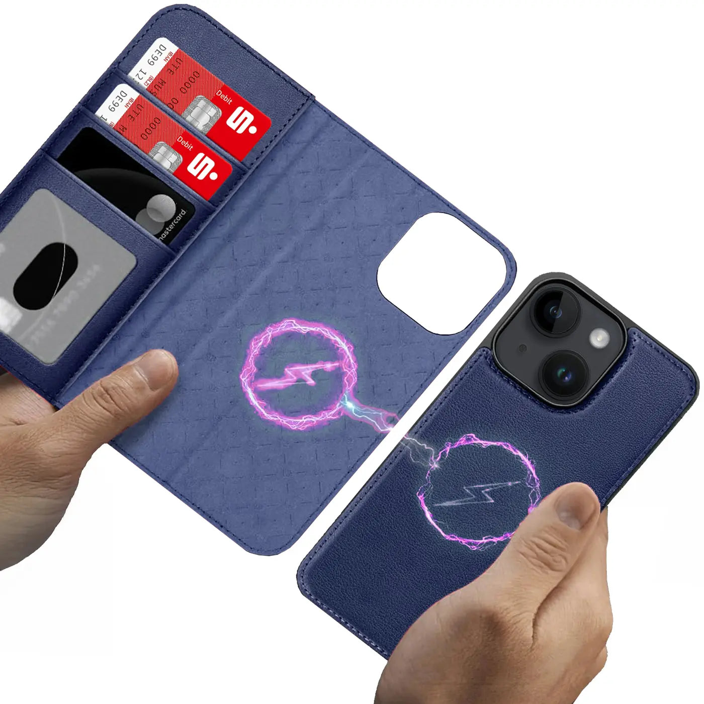 Blaue Kunstleder-Klapphülle mit Kartenfach und MagSafe-Symbol auf iPhone 14.