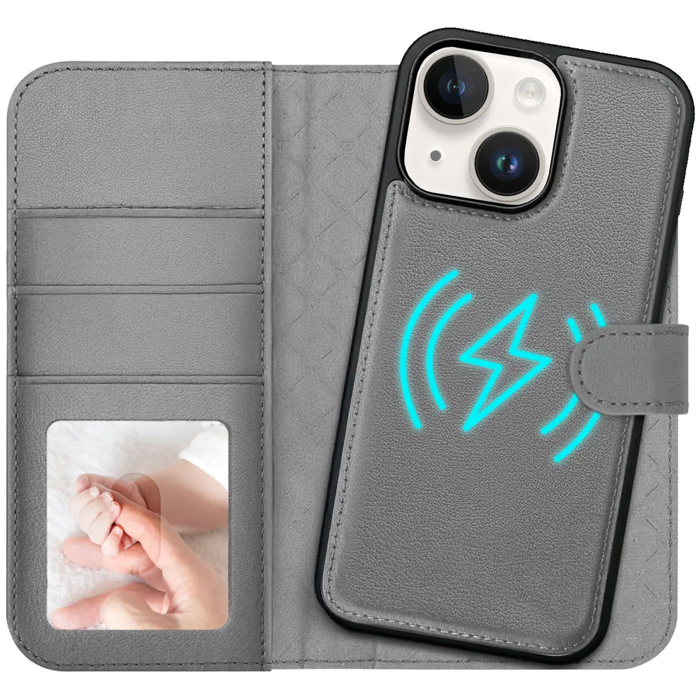 Graue Kunstleder-Klapphülle mit Kartenfächern und MagSafe-Symbol auf iPhone 14.