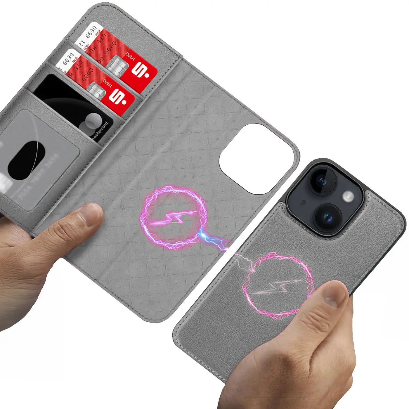 Graue Leder-Klapphülle mit Kartenfach für iPhone 14, MagSafe, Nahaufnahme