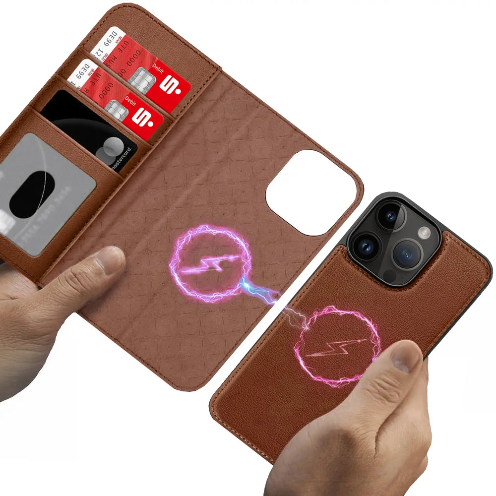 Magnetische 2-in-1 Klapphülle für iPhone 14 Pro in Braun mit herausnehmbarer Hülle und Kartenfächern