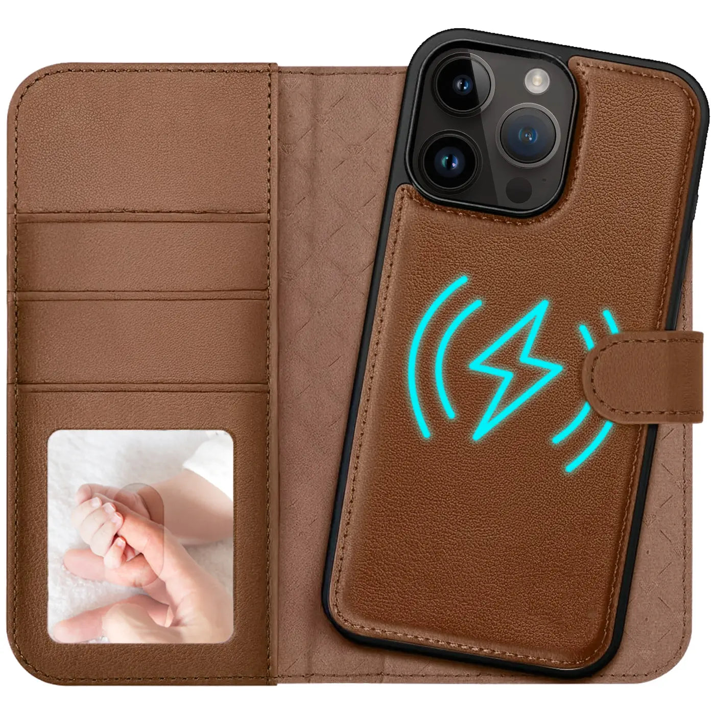 Braune Leder-Klapphülle mit Kartenfach für iPhone 14 Pro Max, MagSafe-Symbol.