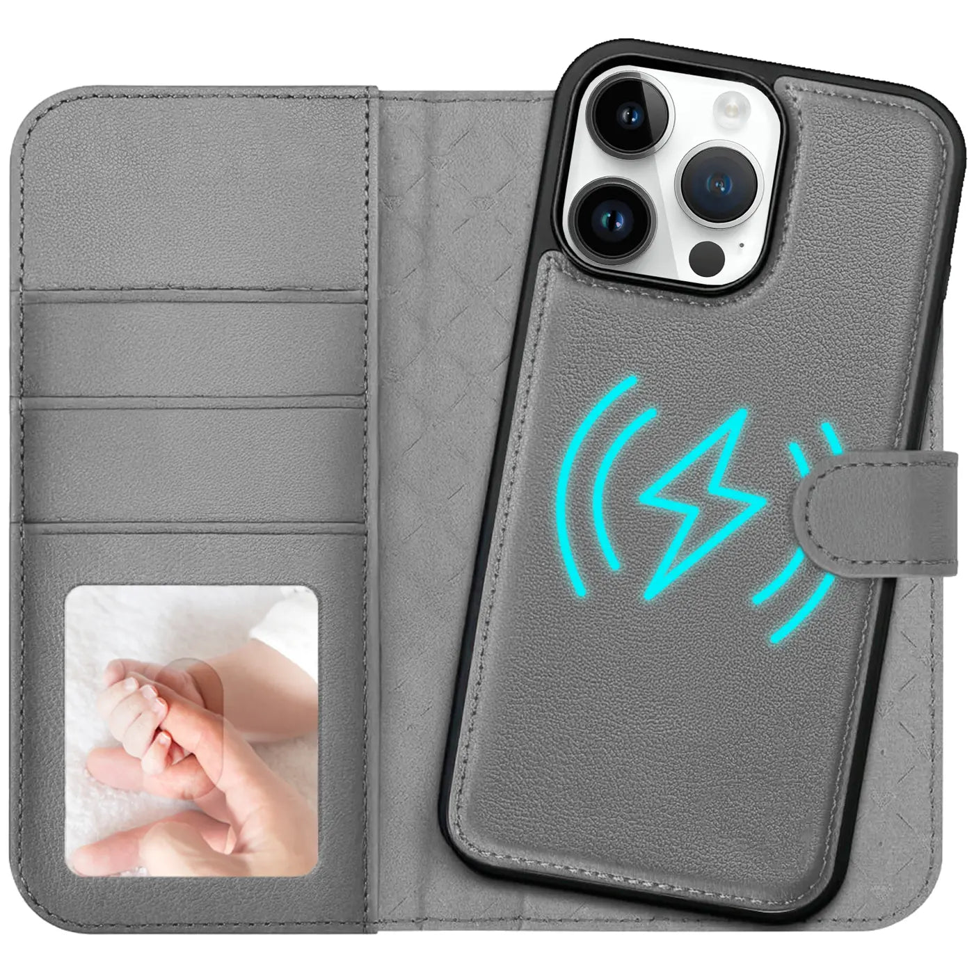 Graue Kunstleder-Klapphülle mit Kartenfach und MagSafe-Symbol auf iPhone 14 Pro Max.