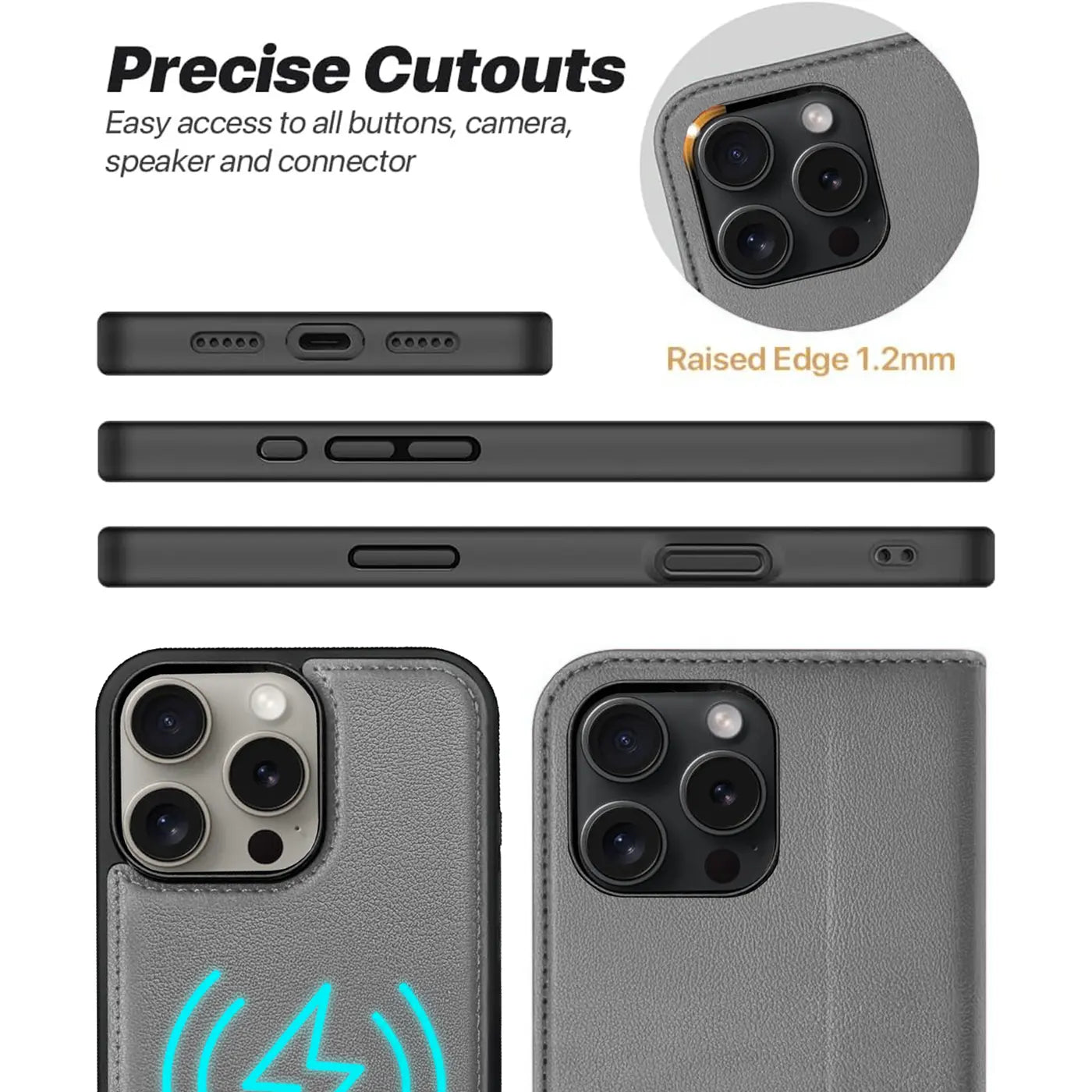 Graue Leder-Klapphülle für iPhone 14 Pro Max, Nahaufnahme Kameras, Seitenansicht.