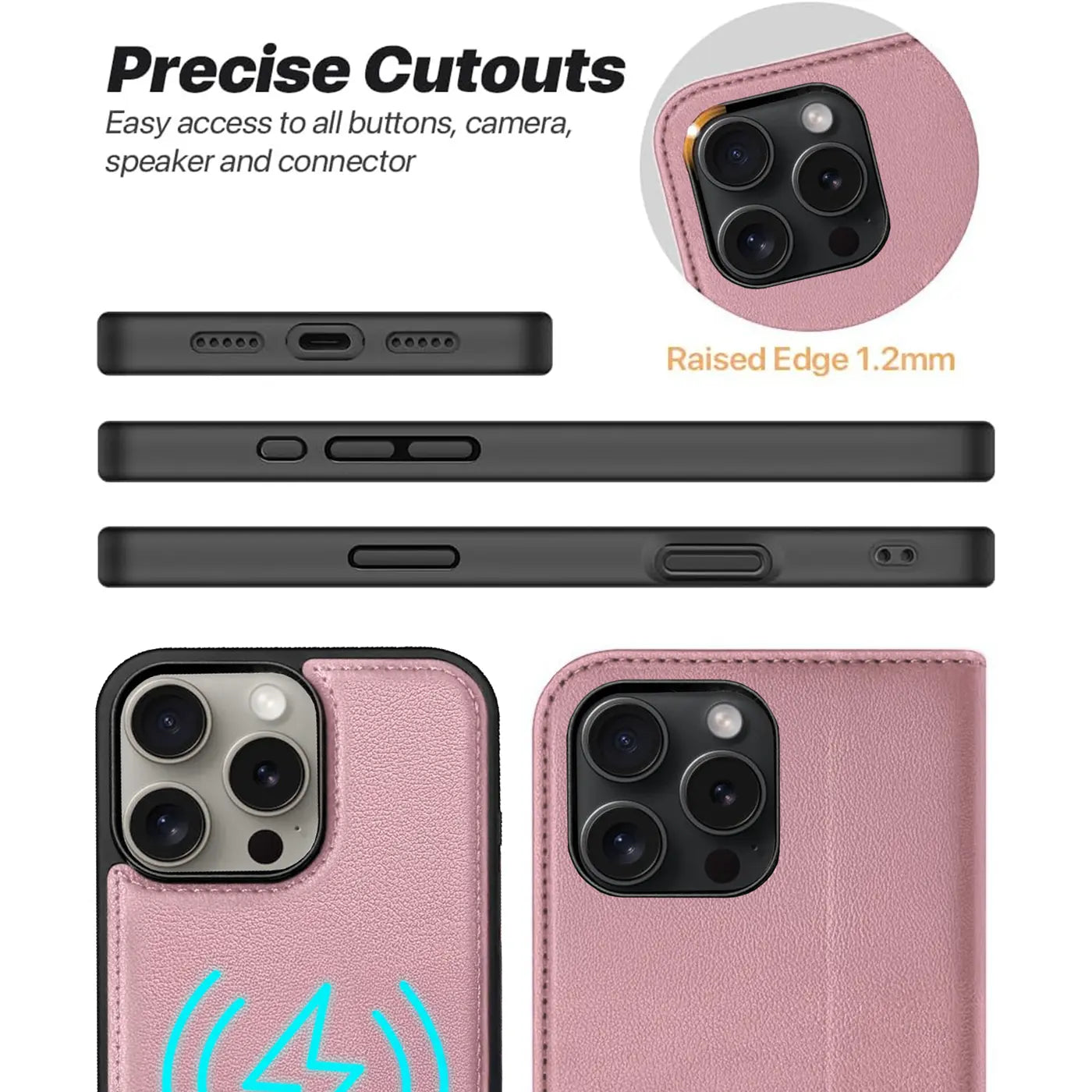 Rosa Leder-Klapphülle für iPhone 14 Pro Max, Nahaufnahme Kamera, Seitenansicht.