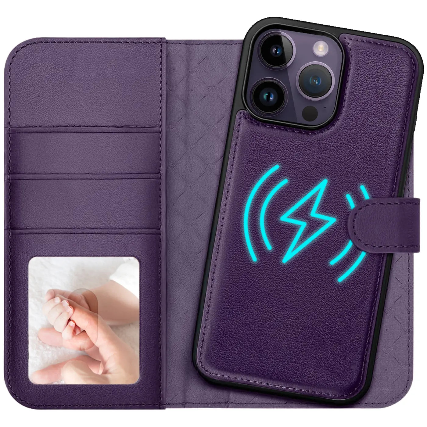 Lila Leder-Klapphülle mit Kartenfach für iPhone 14 Pro Max, MagSafe-Symbol.