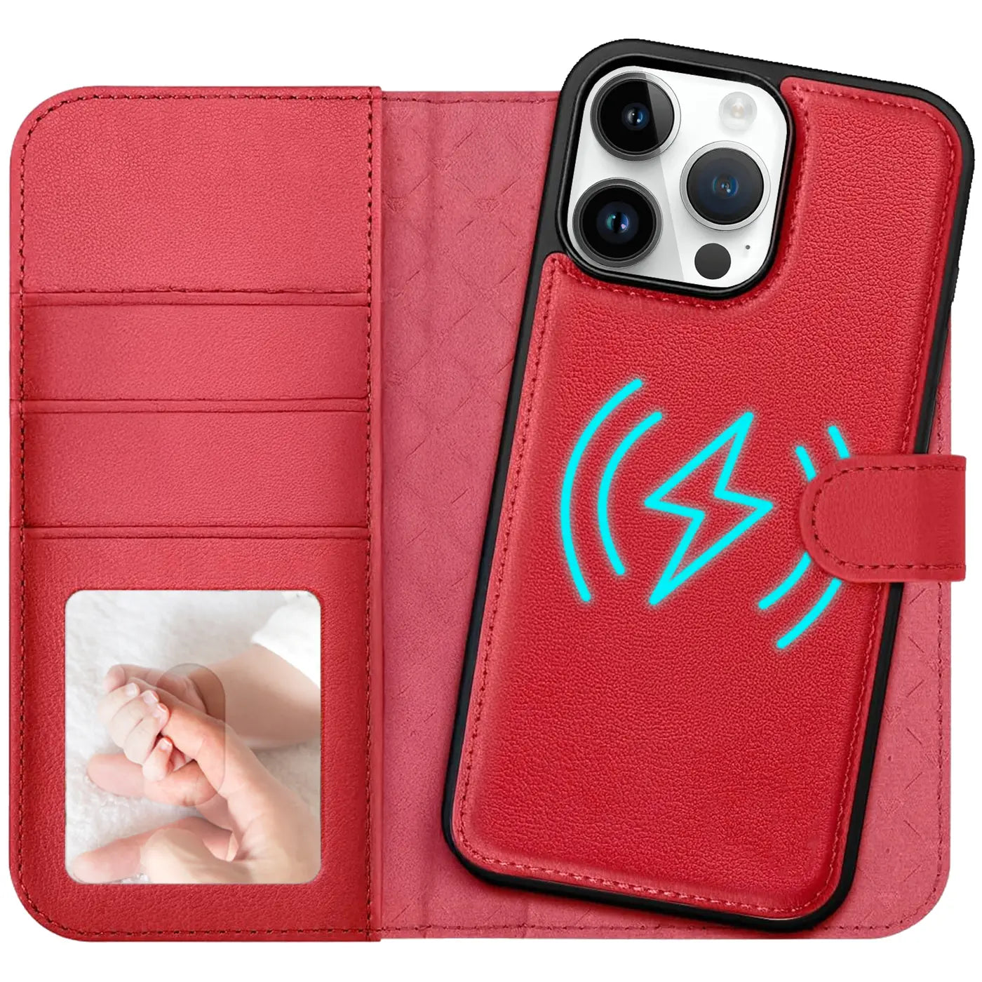 Rote Leder-Klapphülle mit Kartenfach, iPhone 14 Pro, Nahaufnahme