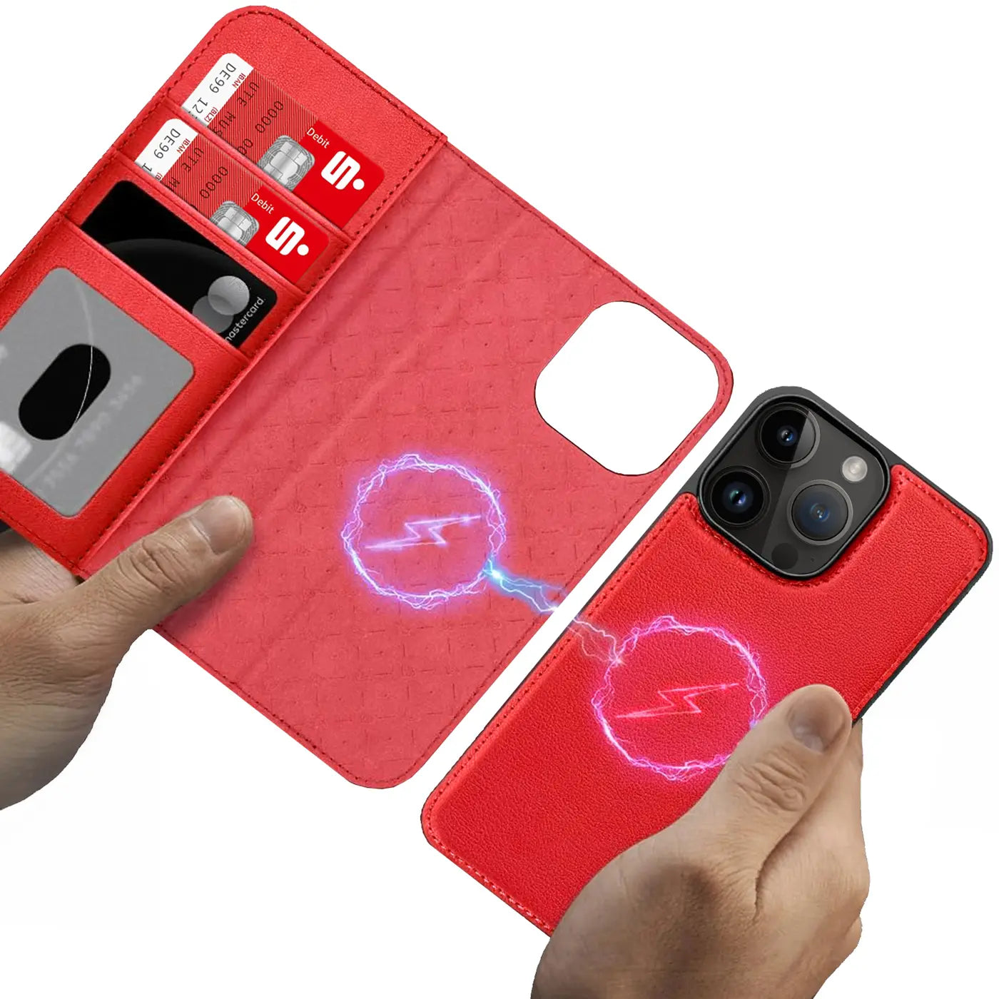Rote Leder-Klapphülle mit Kartenfach für iPhone 14 Pro, MagSafe, von oben/seitlich
