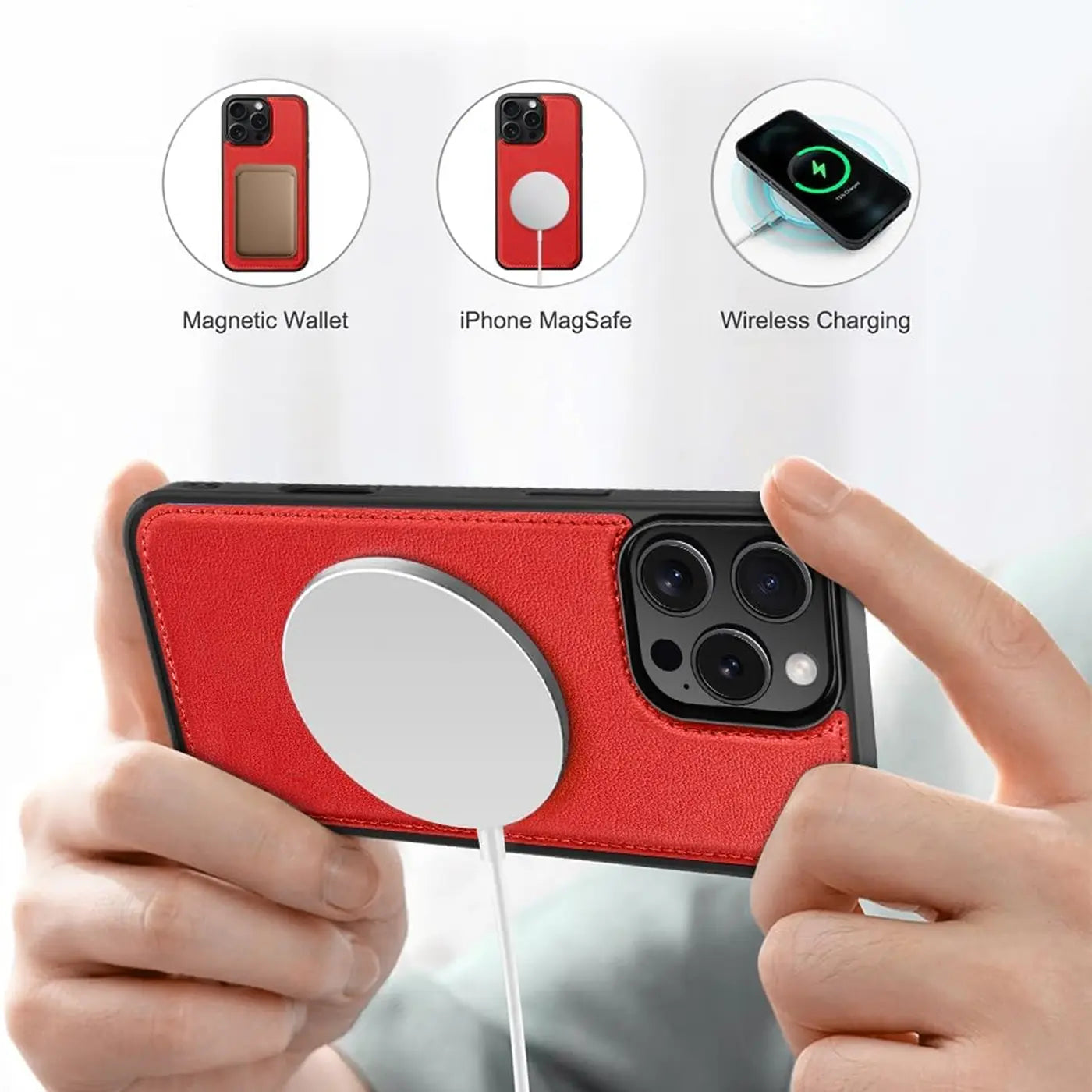 Rote Lederhülle mit MagSafe-Ladegerät an iPhone 14 Pro, von hinten gesehen.