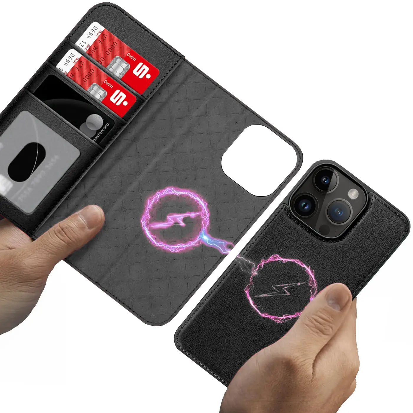 Schwarze Leder-Klapphülle mit Kartenfach und MagSafe-Symbol für iPhone 14 Pro.
