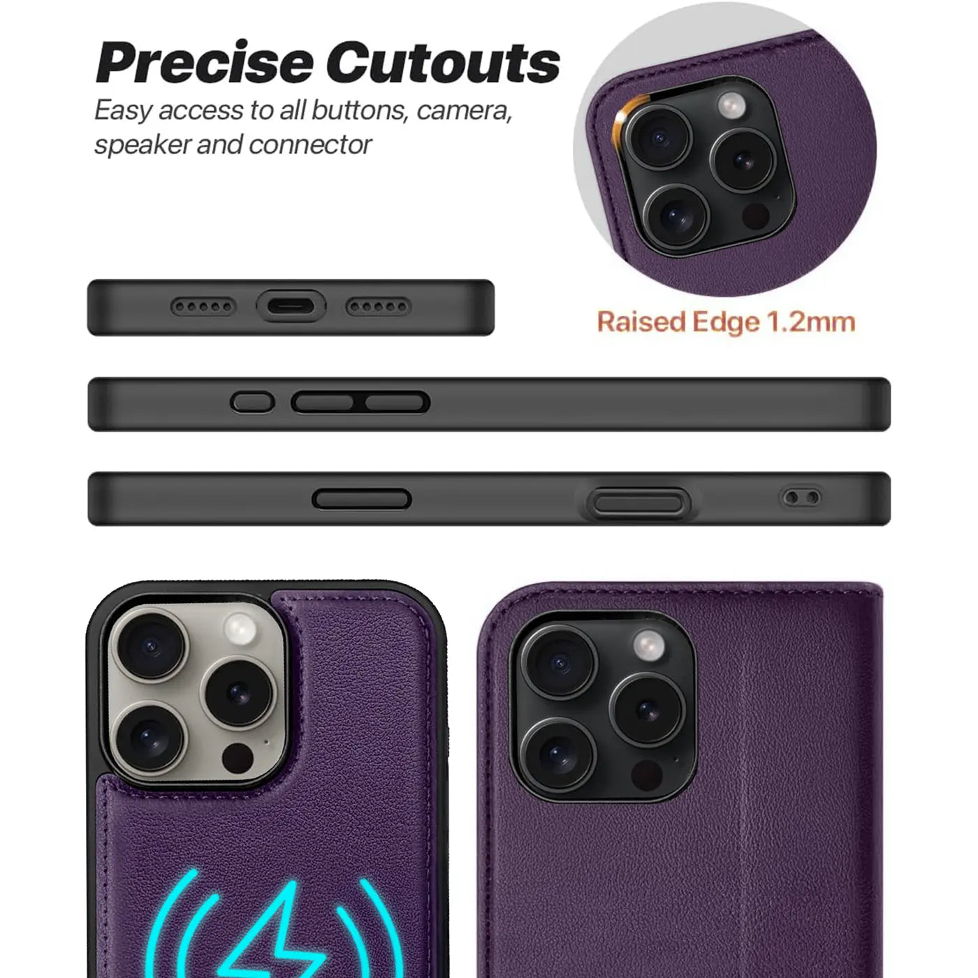 Lila Lederhülle, iPhone 14 Pro, Nahaufnahme Kamera, verschiedene Seitenansichten