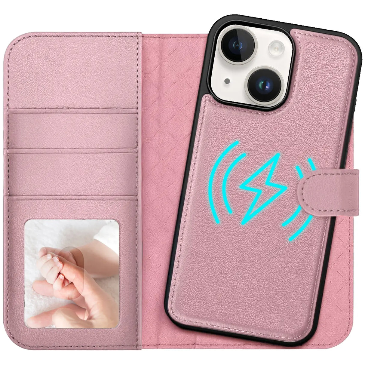 Magnetische 2-in-1 Klapphülle für iPhone 14 in Rosegold mit herausnehmbarer Hülle und Kartenfächern