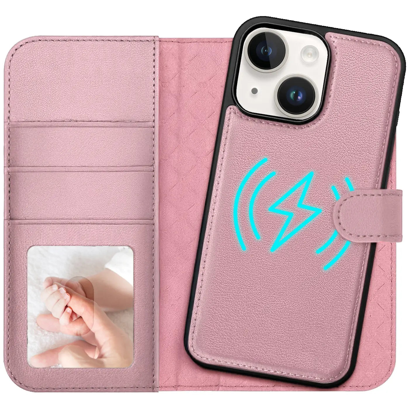 Rosa Leder-Klapphülle mit Kartenfächern und MagSafe-Symbol auf iPhone 14.