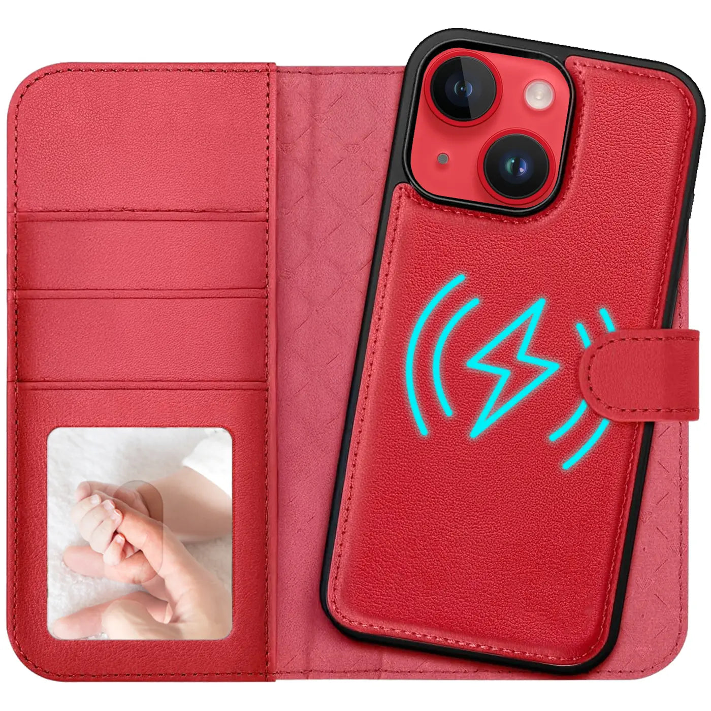 Rote Leder-Klapphülle mit Kartenfach und MagSafe-Symbol für iPhone 14.