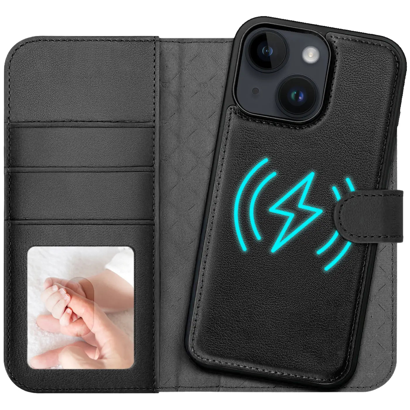 Schwarze Leder-Klapphülle mit Kartenfächern, MagSafe-Symbol, iPhone 14.