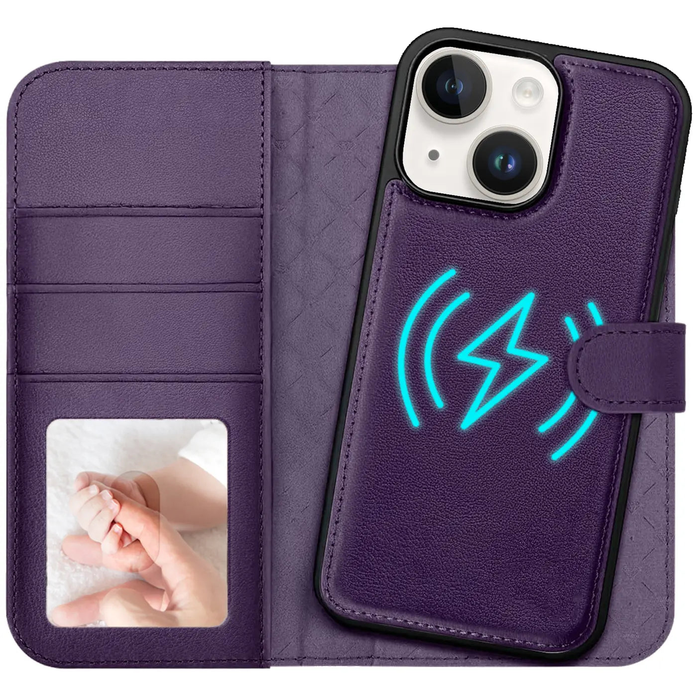 Lila Leder-Klapphülle mit Kartenfach, zeigt iPhone 14 mit MagSafe-Symbol.