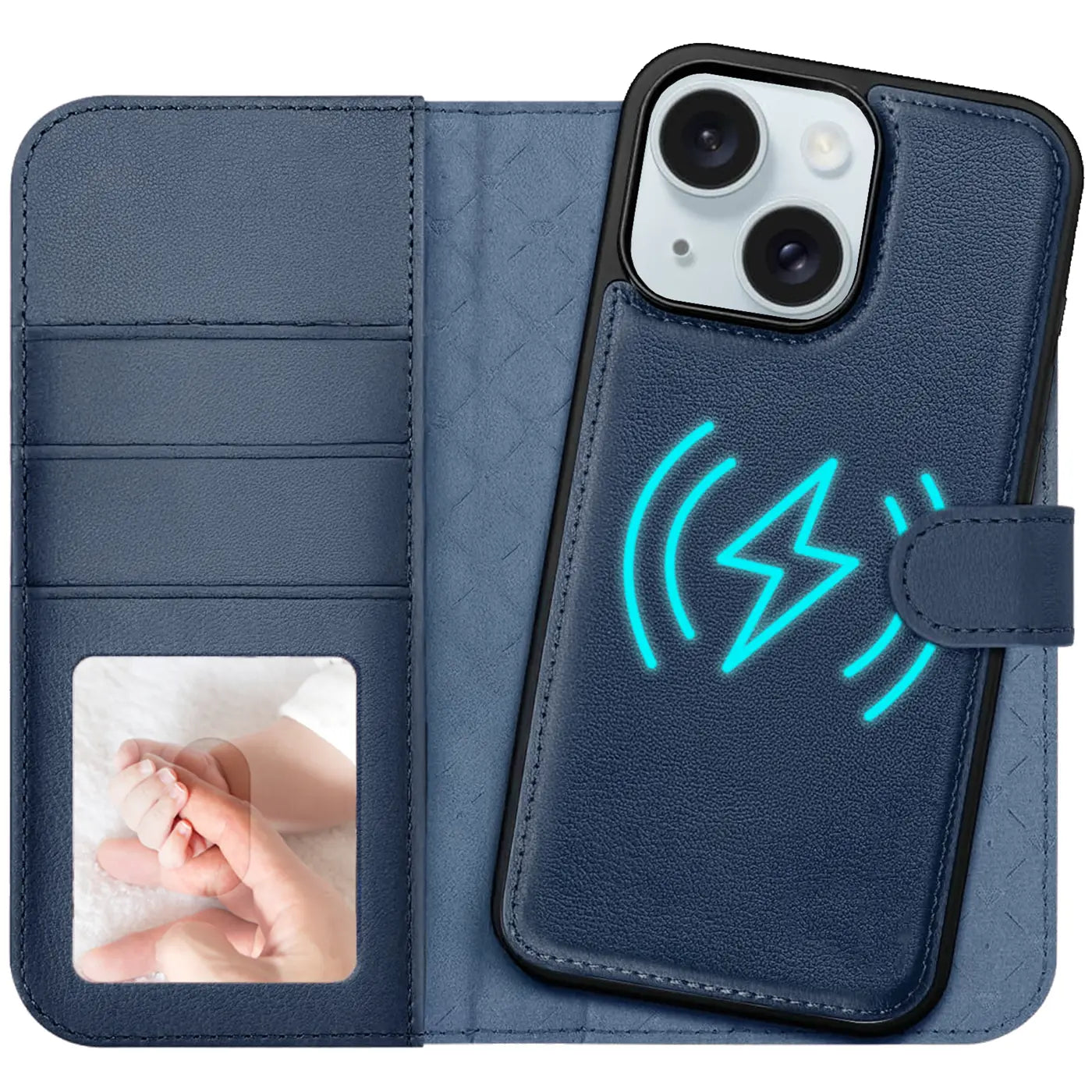 Blaue Leder-Klapphülle mit Kartenfach und MagSafe-Symbol auf iPhone 15.