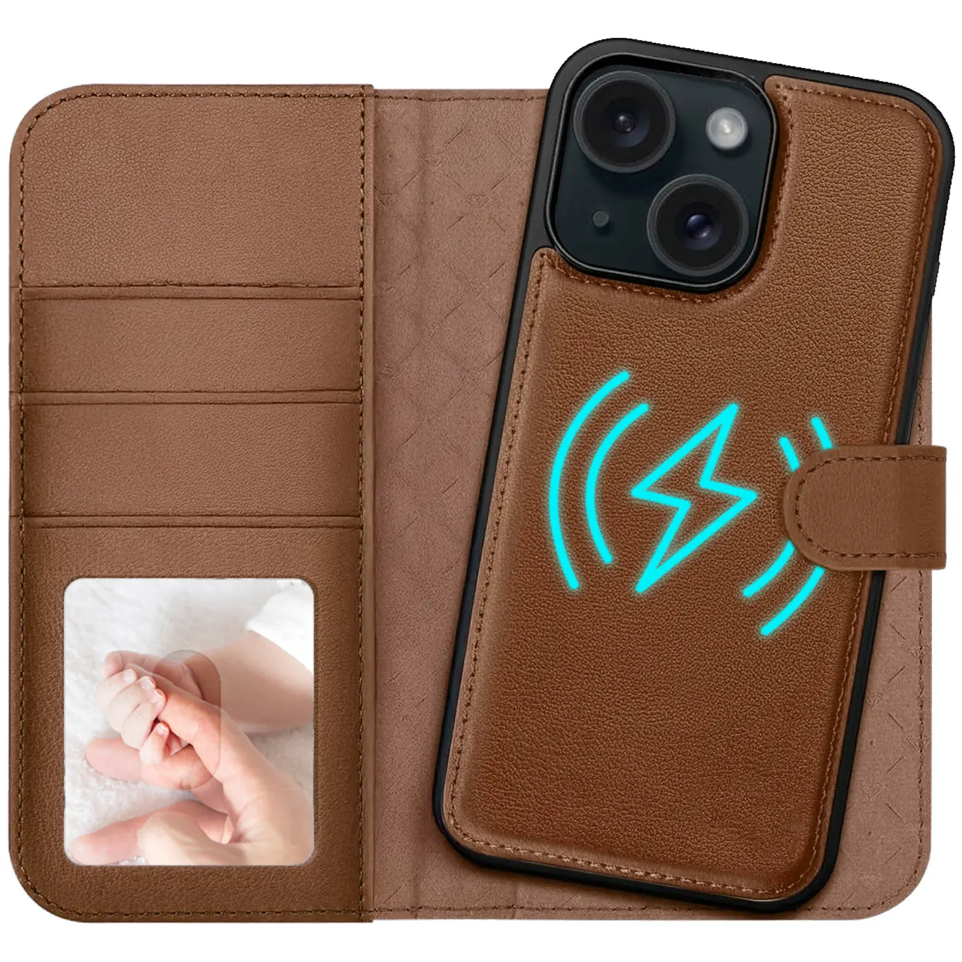 Braune Leder-Klapphülle mit Kartenfach, MagSafe-Symbol, iPhone 15.
