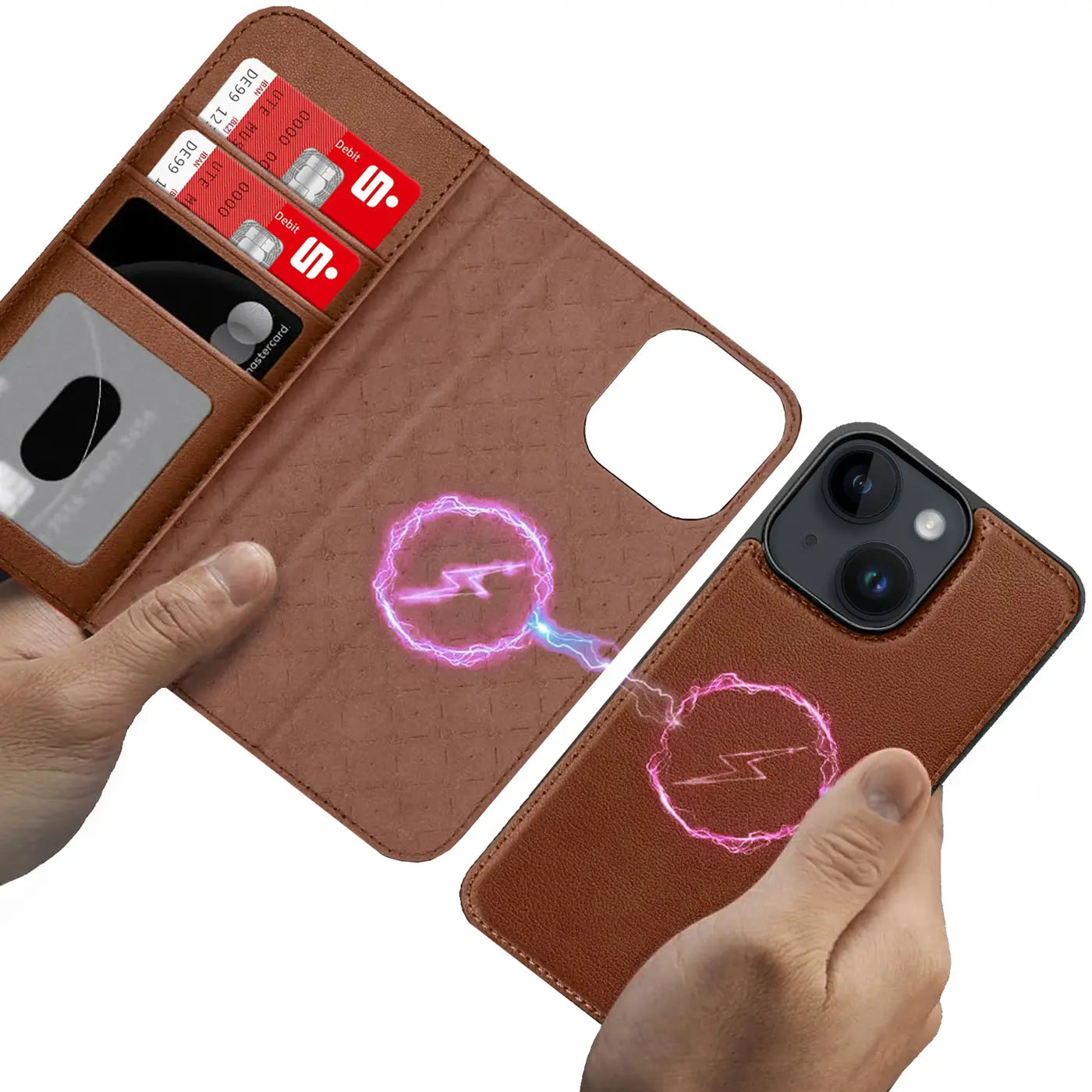 Braune Leder-Klapphülle mit Kartenfach für iPhone 15, MagSafe-Symbol, von vorne