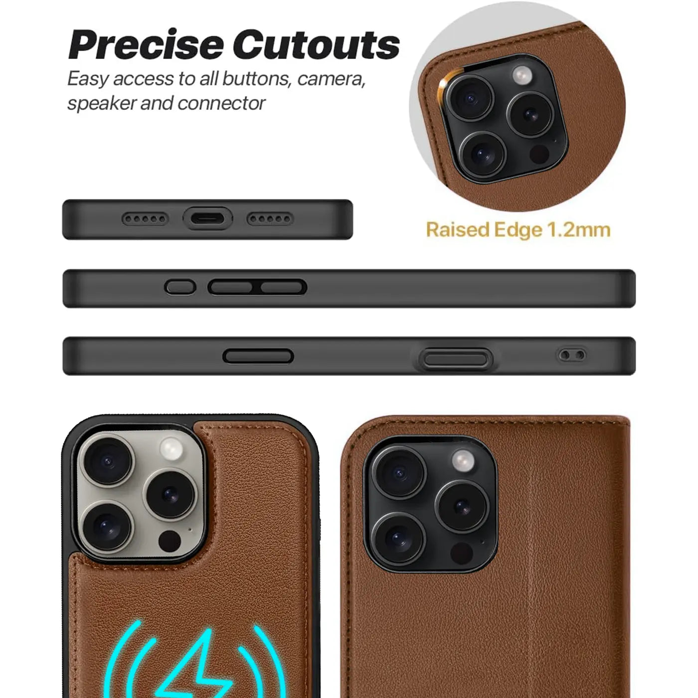 Braune Leder-Klapphülle für iPhone 15, Nahaufnahme, Rückseite und Seitenansicht.