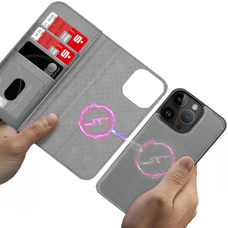 Magnetische 2-in-1 Klapphülle für iPhone 15 Pro in Grau mit herausnehmbarer Hülle und Kartenfächern