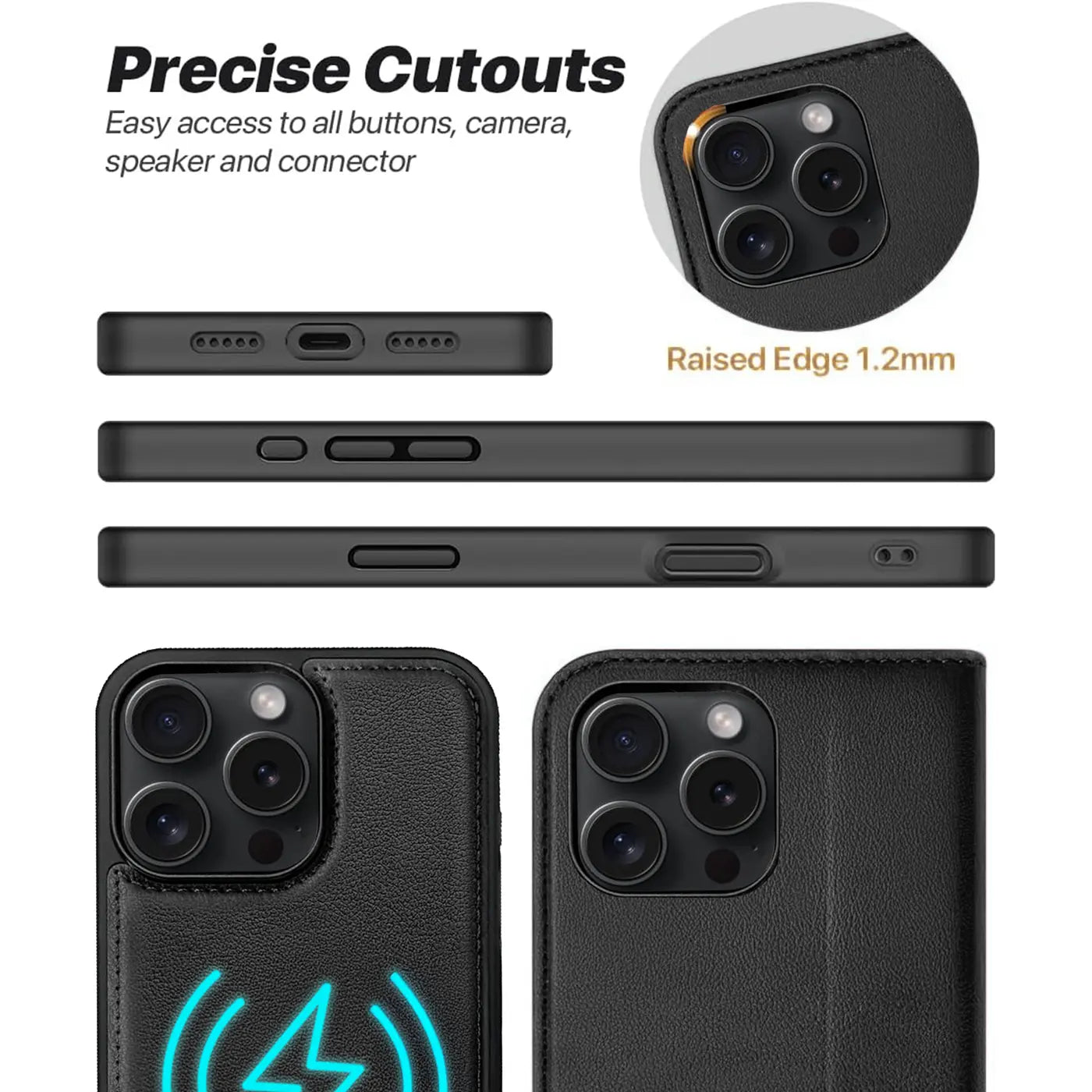 Schwarze Leder-Klapphülle, verschiedene Ansichten, iPhone 15 Pro Max Kamera.