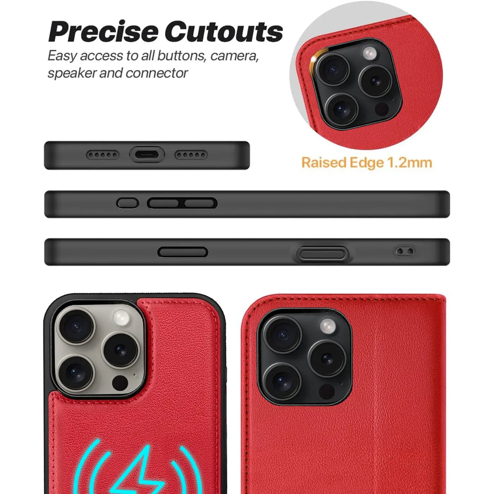 Magnetische 2-in-1 Klapphülle für iPhone 15 Pro in Rot mit herausnehmbarer Hülle und Kartenfächern