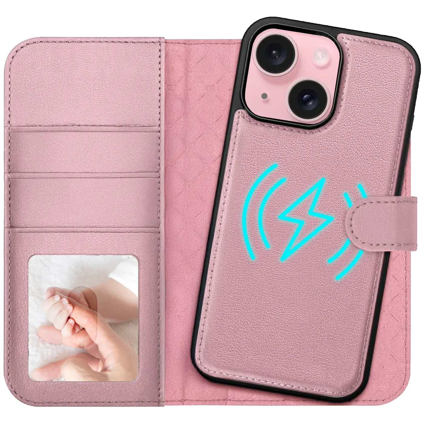 Rosa Leder-Klapphülle mit Kartenfächern und MagSafe-Symbol, zeigt iPhone 15.