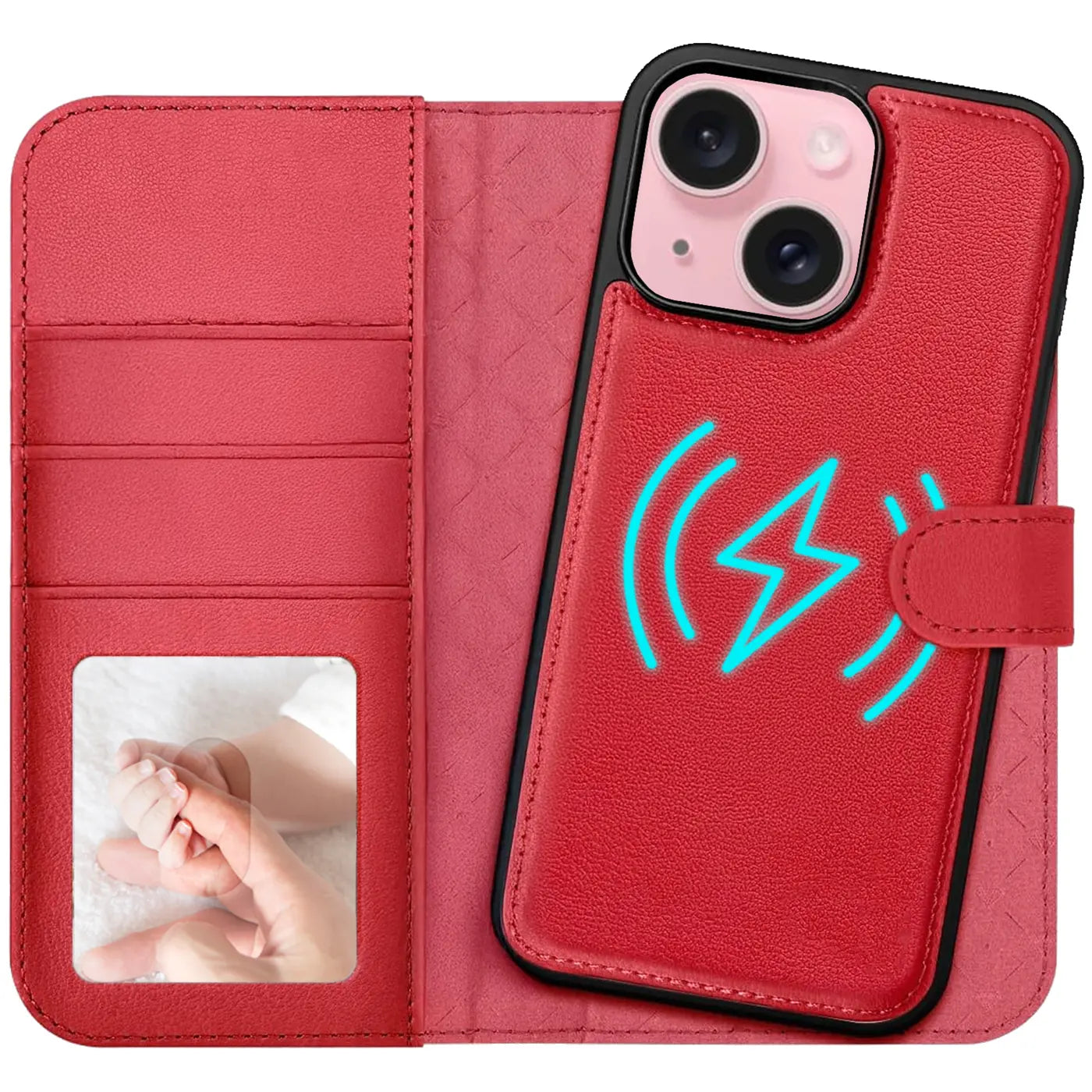 Rote Kunstleder-Klapphülle mit Kartenfächern und MagSafe-Symbol auf iPhone 15.