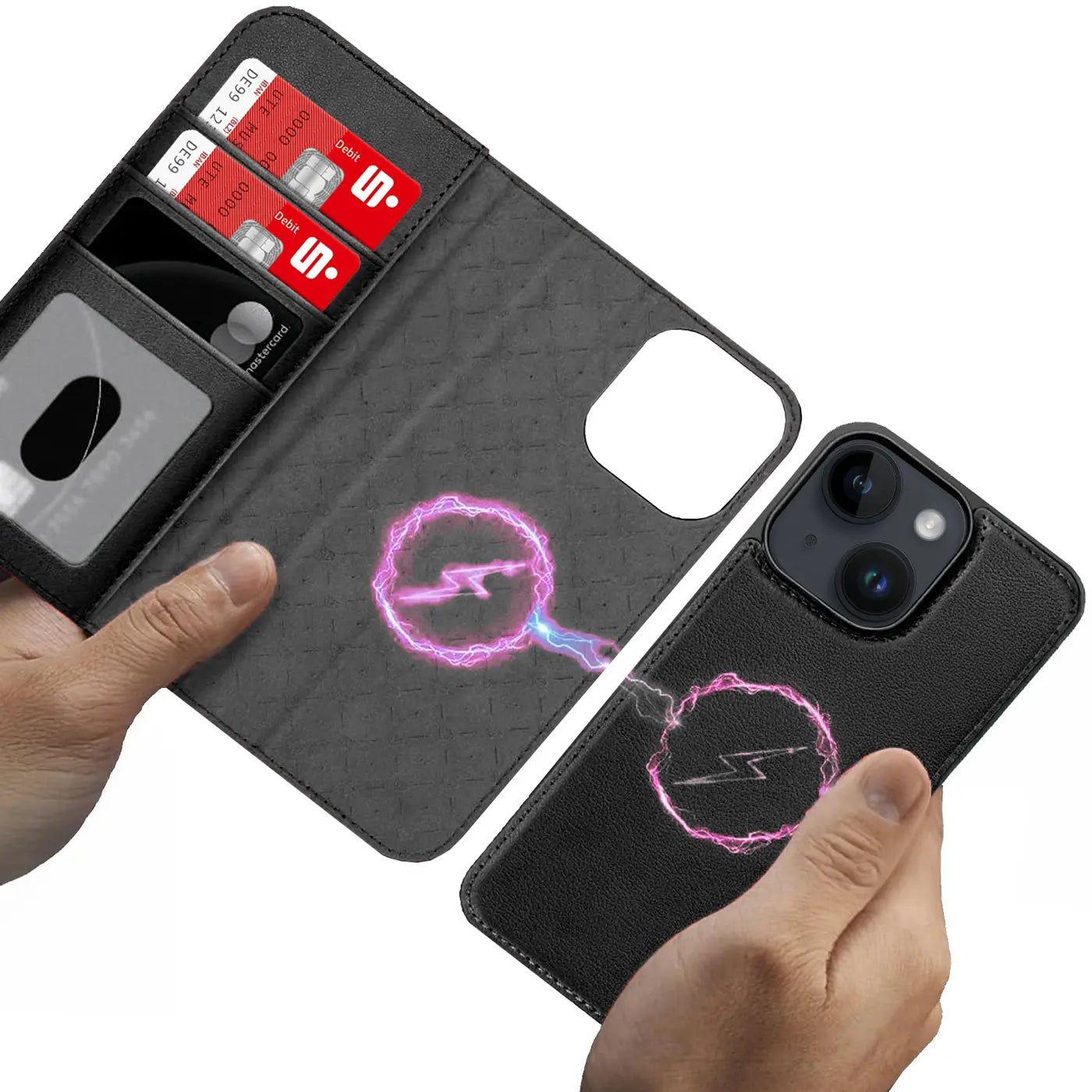 Schwarze Leder-Klapphülle mit Kartenfach für iPhone 15, MagSafe, Nahaufnahme
