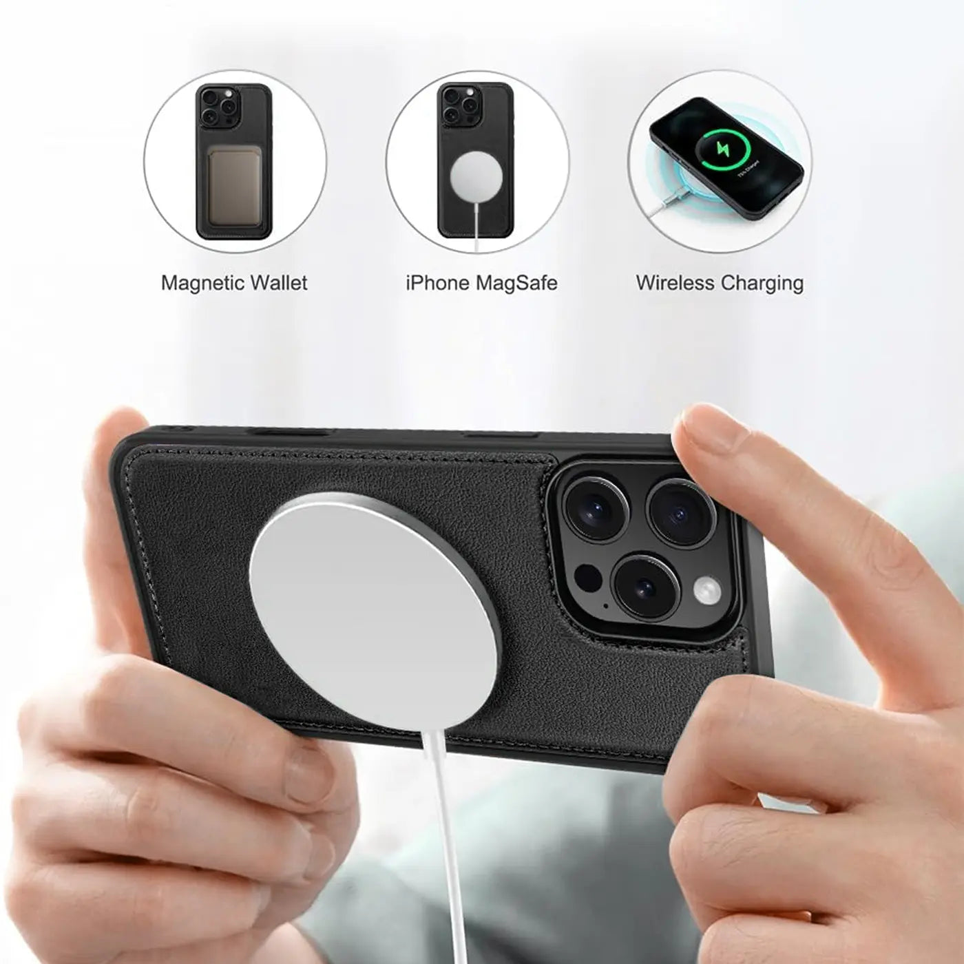 Schwarze Lederhülle mit MagSafe-Ladegerät an iPhone 15, von hinten gesehen.