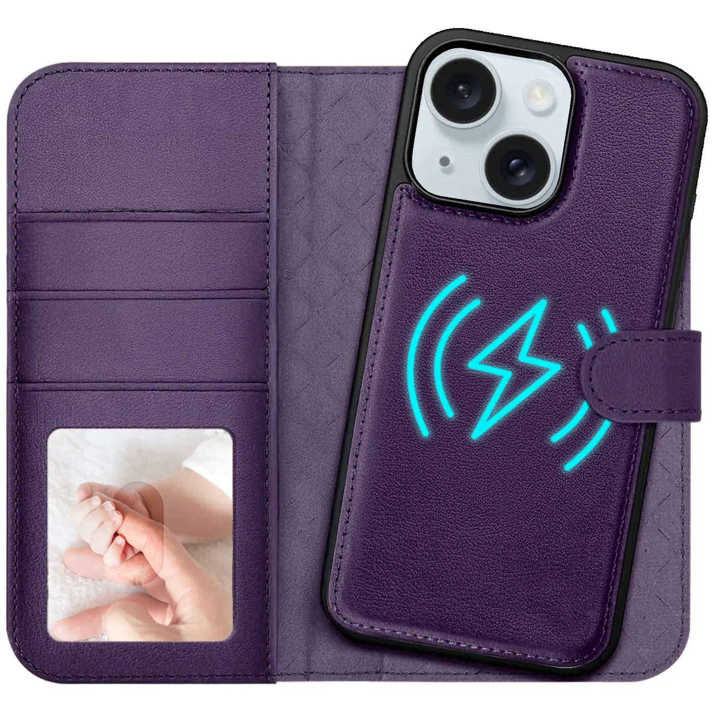 Lila Leder-Klapphülle mit Kartenfach und MagSafe-Symbol auf iPhone 15.