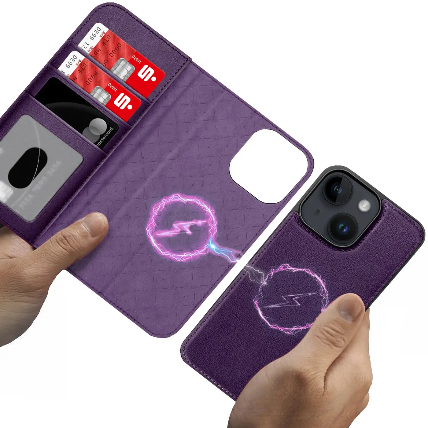 Lila Leder-Klapphülle mit Kartenfach und iPhone 15, MagSafe-Symbol