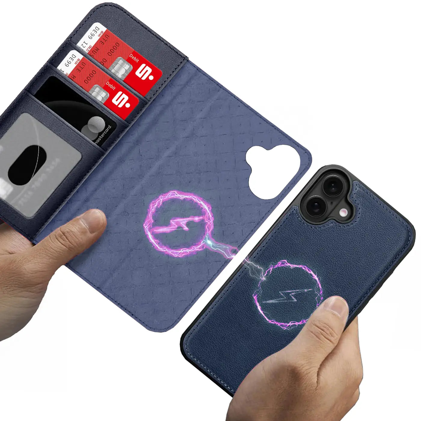 Blaue Leder-Klapphülle mit Kartenfach und MagSafe-Symbol, hält ein Smartphone.