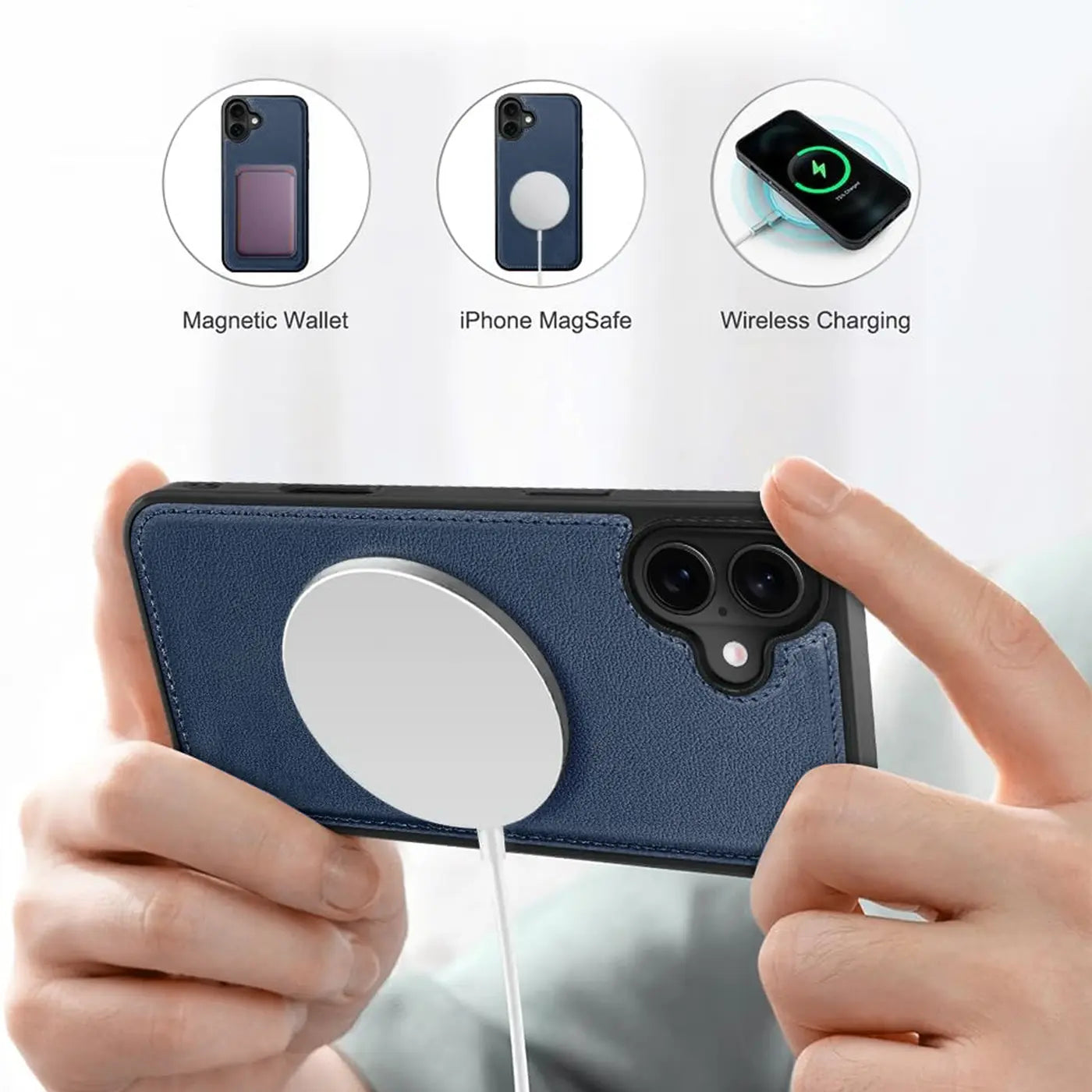 Blaues Leder-Case mit MagSafe-Ladegerät, das an einem Smartphone befestigt ist.
