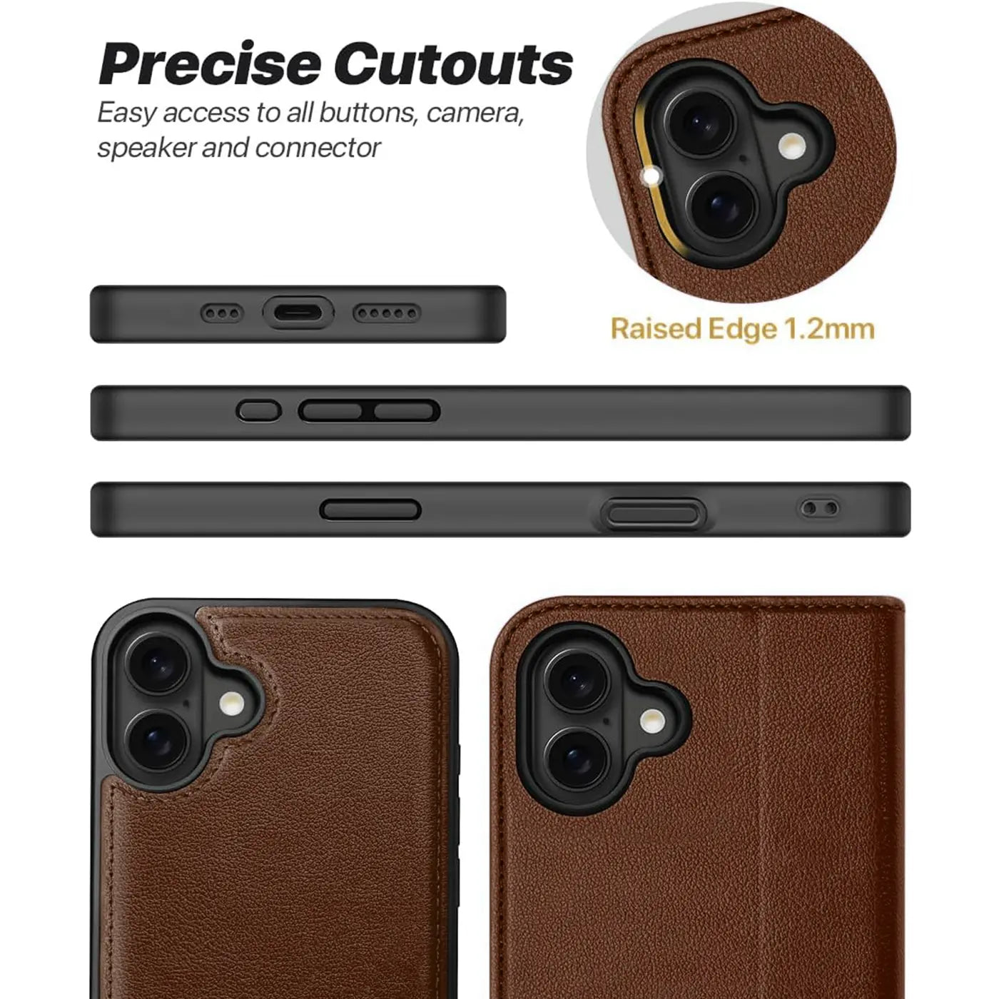 Braune Leder-Klapphülle für iPhone 16, Nahaufnahme Kamera, Seitenansicht, Vorderansicht.