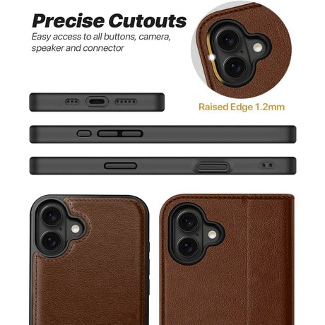 Magnetische 2-in-1 Klapphülle für iPhone 16 in Braun mit herausnehmbarer Hülle und Kartenfächern